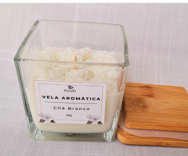 vela230g1 Vela Aromática Pote de Vidro Quadrado (tampa de Bamboo) 250g