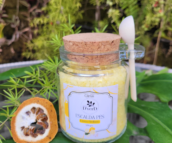 vidro 230g com colher escalda-pes Escalda-pés vidro com colher dosadora de madeira 230g (escolha sua Fragrância)