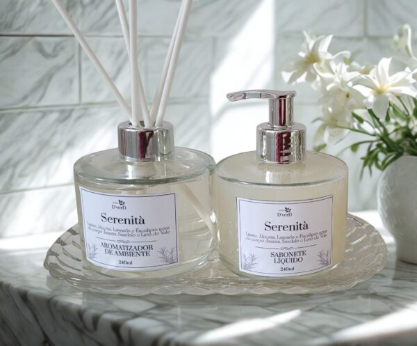 Kit Ambiente Serenitá (Aromatizador + Sabonete Líquido + Bandeja Cristal